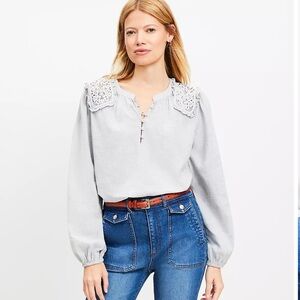 LOFT Lace Shoulder Henley Blouse | Lightweight Flannel | Long Sleeve